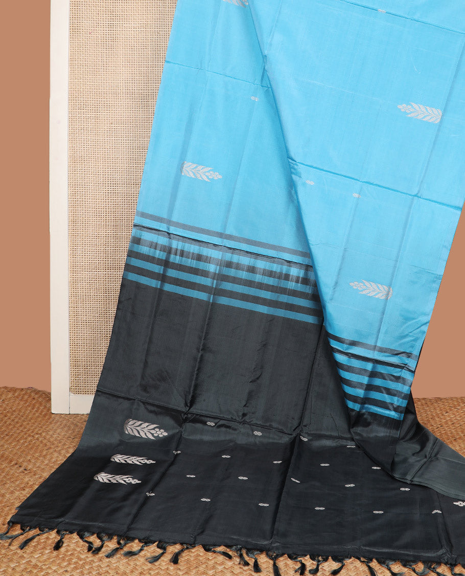 Borderless Light Blue Banana Pith Saree, Showcasing Buttas All Over Its Body, Complemented by a Contrast Pallu of Buttas, and Paired with a Contrast Blouse