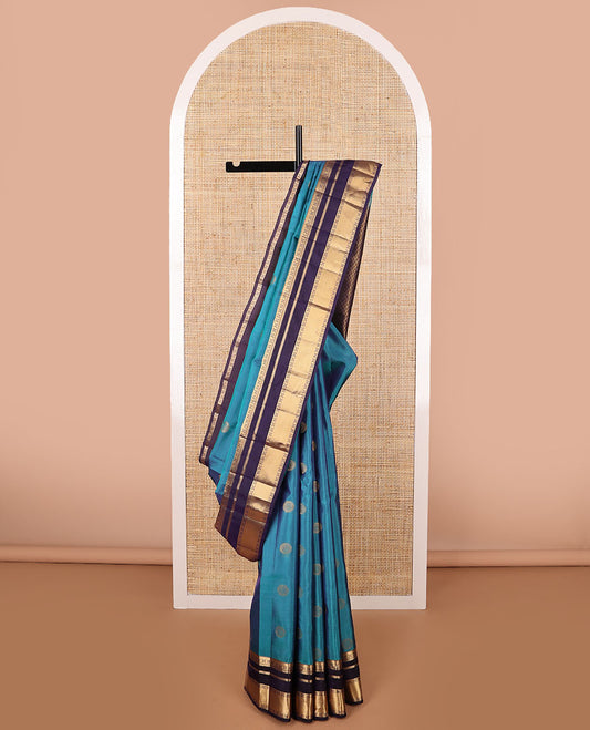 Blue round buttas vasundhara elite silk saree with contrast rettai pettu zari design border & argyle design pallu