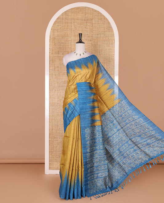 Mustard full plain katan silk saree, contrast temple border, odisha style printed pallu, and contrast plain blouse