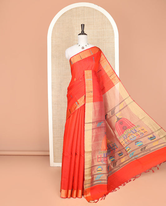 Red Dupion Silk Saree Decked Up with Muniya Buttas All Over Its Body, Subtly Self-Zari Border of Muniya Designs, Colorfully Woven Pallu of Unique Motifs, and Paired with a Matching Blouse