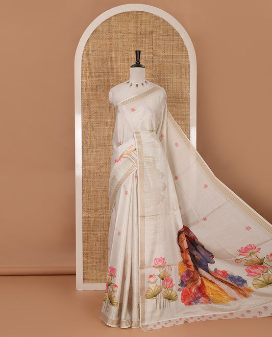 Cream pichwai lotus & mughal arches printed soft tussar saree,zari border, pichwai lotus & Radha Krishna printet pallu & pichwai lotus printed blouse