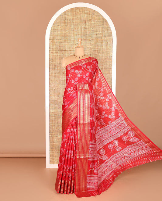 Red horizontal zari striped and triple-leaf printed Assam cotton saree, chevron stripes zari border, printed pallu, and a matching blouse of zari and print work
