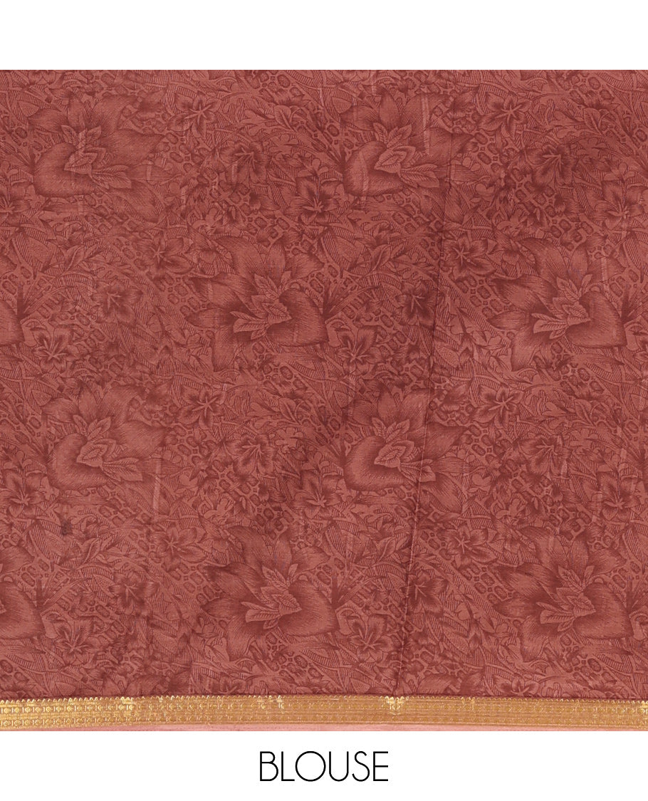 Off White Printed Silk Saree, Adorned with Floral-Vine Print, a Contrast Traditional Zari Border, Floral Pallu, and a Contrast Blouse