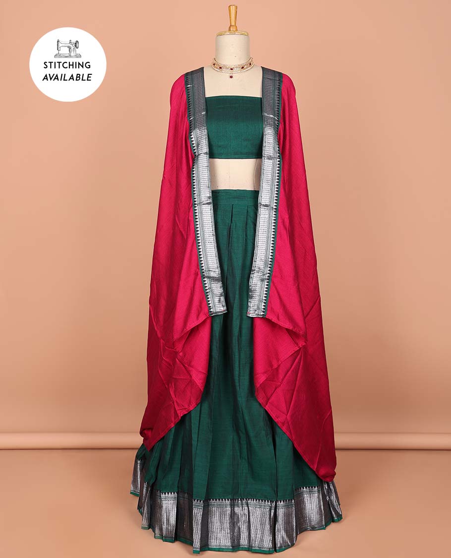 Violet cotton half saree with contrast zari border, plain blouse & plain with zari border dhavani