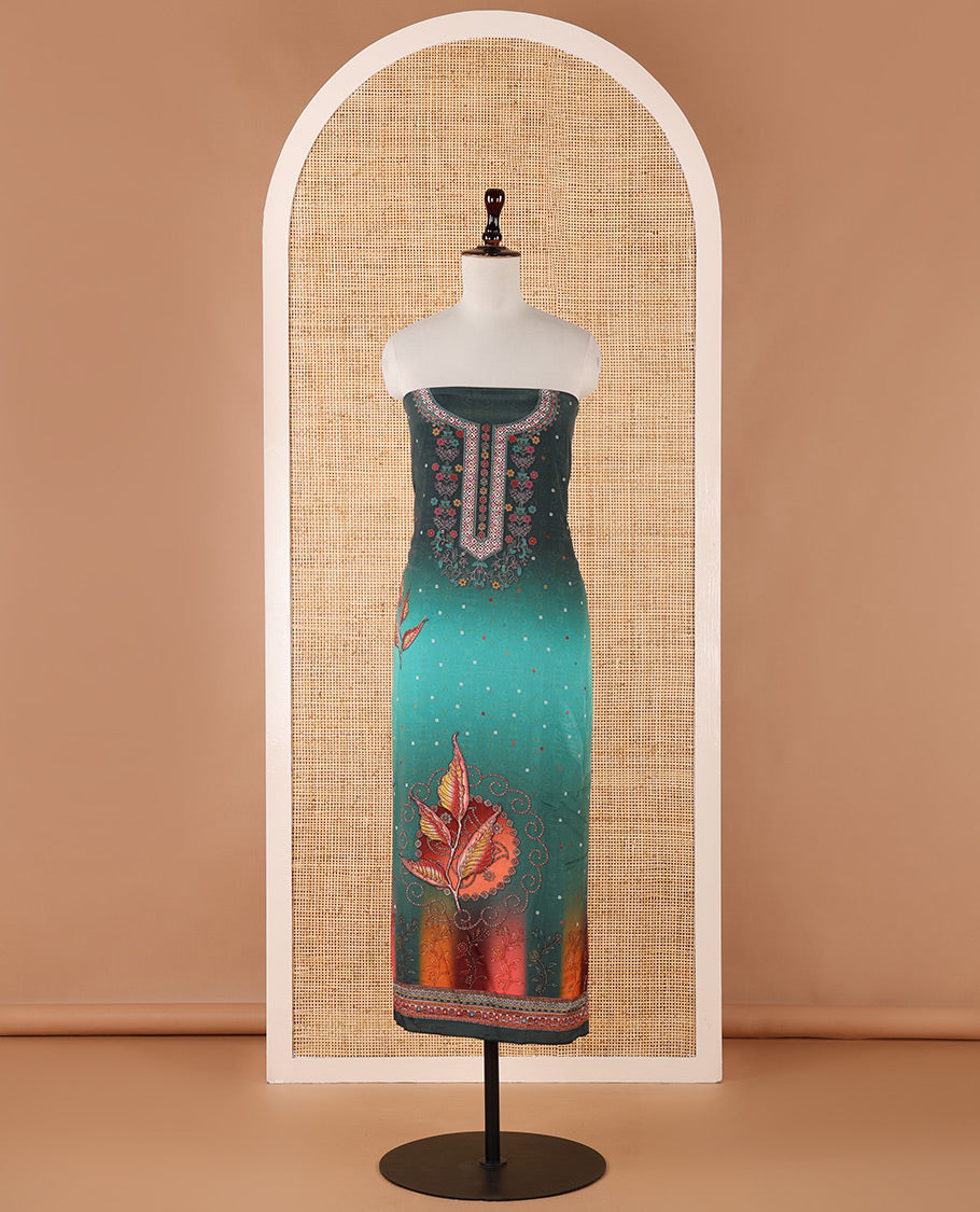 Bottle green chudidar material set, double-shaded daman flower design print with stone work crepe top, leaf motif print & lace work kaleidoscopic-colored chinon dupatta & plain crepe bottom