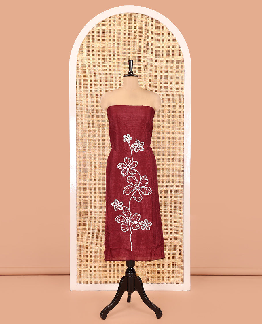 Maroon Material Chudidar Set, Delicately Woven with Floral Thread Embroidered Mul Chanderi Top, a Mul Chanderi Bottom, Paired with Floral Thread-Embroidered Mul Chanderi Dupatta