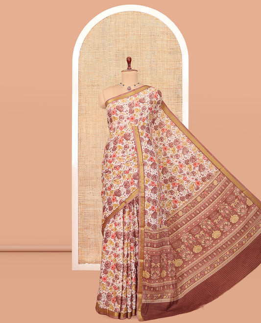 Off White Printed Silk Saree, Adorned with Floral-Vine Print, a Contrast Traditional Zari Border, Floral Pallu, and a Contrast Blouse