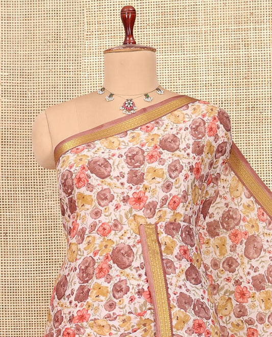Off White Printed Silk Saree, Adorned with Floral-Vine Print, a Contrast Traditional Zari Border, Floral Pallu, and a Contrast Blouse