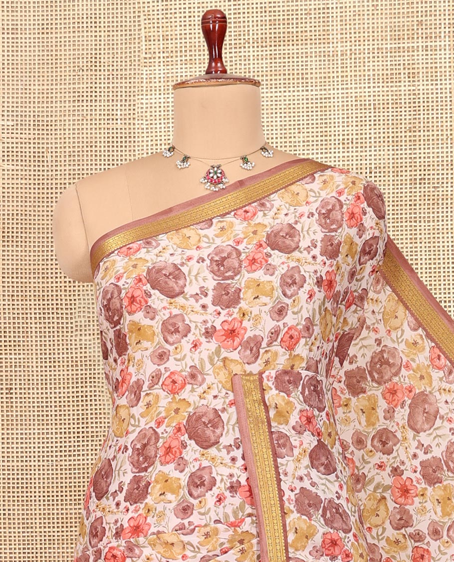 Off White Printed Silk Saree, Adorned with Floral-Vine Print, a Contrast Traditional Zari Border, Floral Pallu, and a Contrast Blouse