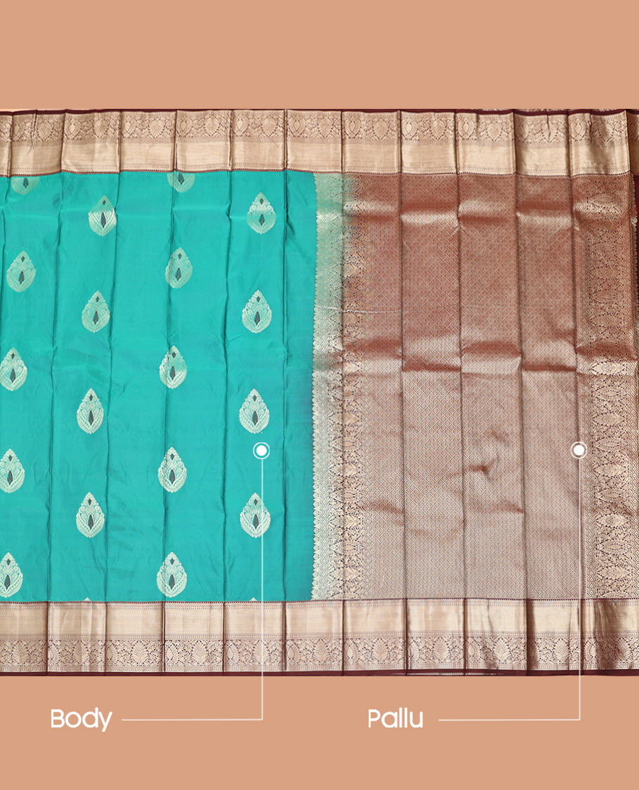 Blue Budget Silk Saree, Bedecked with Zari Buttas All Over Its Body, Complemented by Contrast Traditional Zari Designs Woven Border, Grand Jaal Pallu, and Paired with a Contrast Blouse
