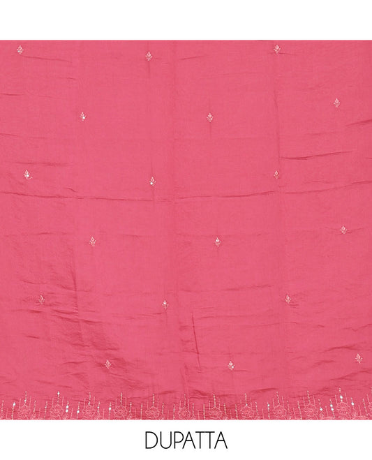 Pink material chudidar set, Kashmir embroidered and sequins work mul chanderi top, plain santoon bottom, and scallop embroidered dupatta