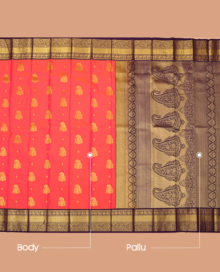 Pink and Orange Budget Silk Saree, Adorned with Zari Buttas on Its Body, Complemented by a Contrast Traditional Zari Design Border, Grand Pallu, and Paired with a Contrast Blouse