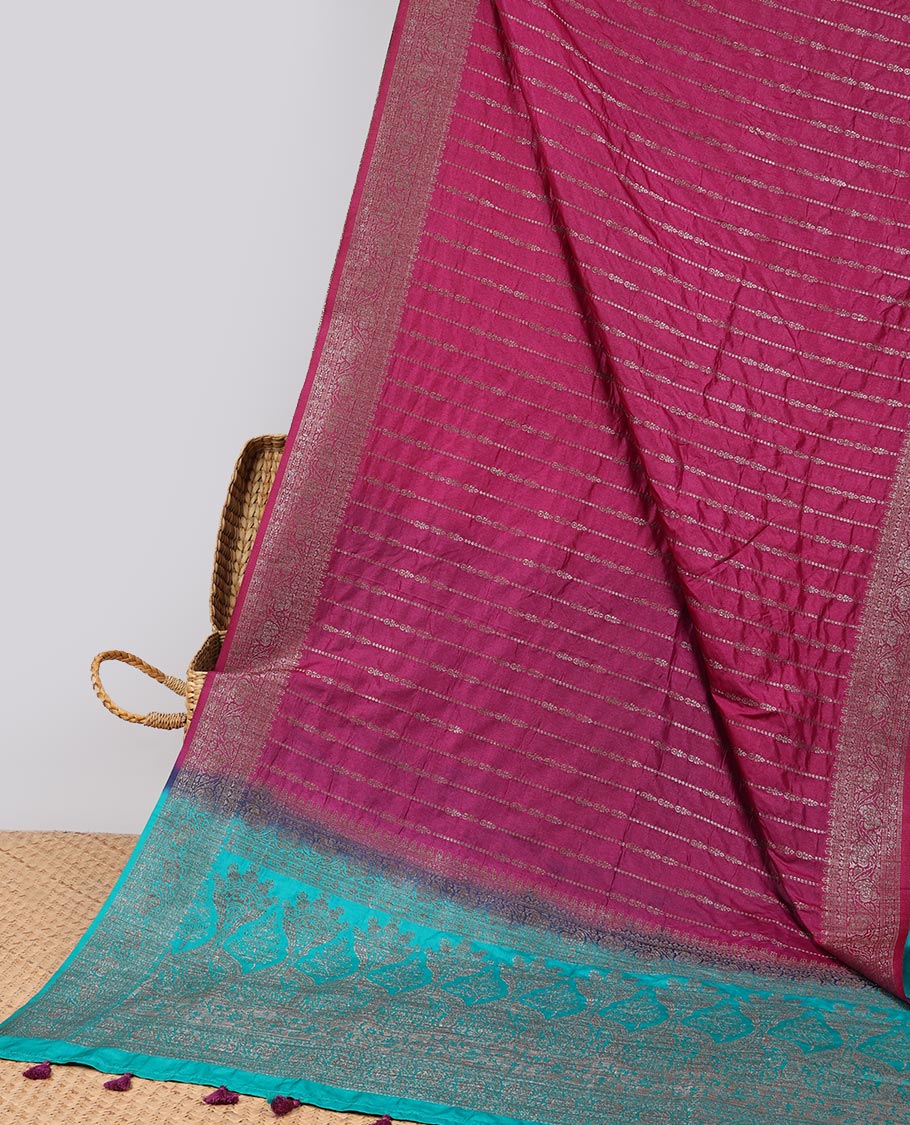 Maroon striped semi- banaras tussar saree with self zari border & intricate zari design pallu