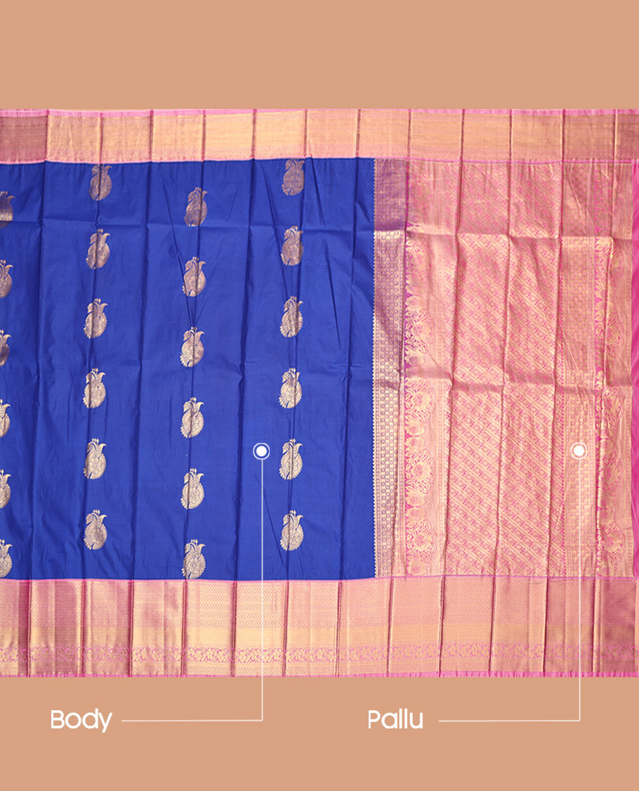 Royal Blue Budget Silk Saree, Finely Crafted with Zari Buttas, Contrast Traditional Zari Border, Grand Pallu, and a Contrast Blouse