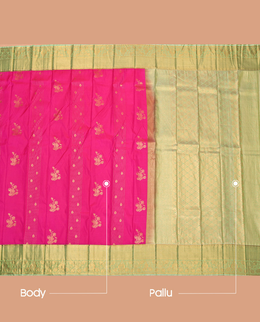 Pink Budget Silk Saree, Elevated with Zari Buttas, Complemented by a Contrast Traditional Border, Grand Pallu, and a Contrast Blouse