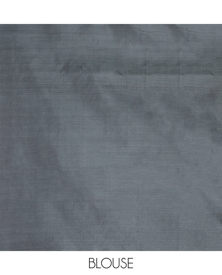 Borderless Light Blue Banana Pith Saree, Showcasing Buttas All Over Its Body, Complemented by a Contrast Pallu of Buttas, and Paired with a Contrast Blouse