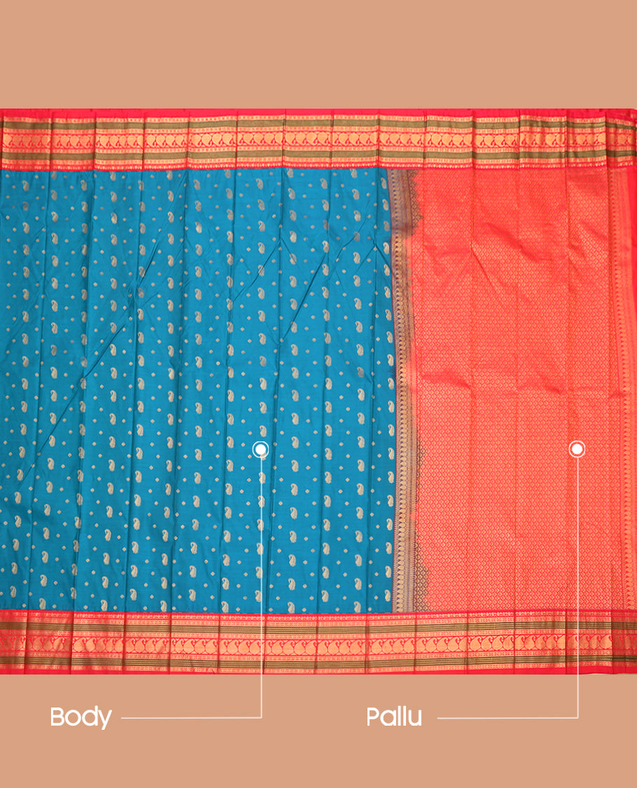Blue Budget Silk Saree, Woven with Paisley Buttas, a Contrast Traditional Zari Border, Grand Pallu, and a Contrast Blouse