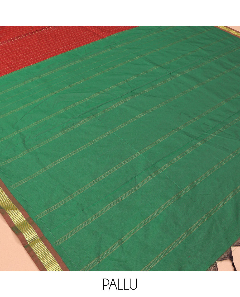 Maroon Checked Ten Yard Saree, a Semi-Contrast Zari Border, Contrast Striped Pallu, and No Blouse