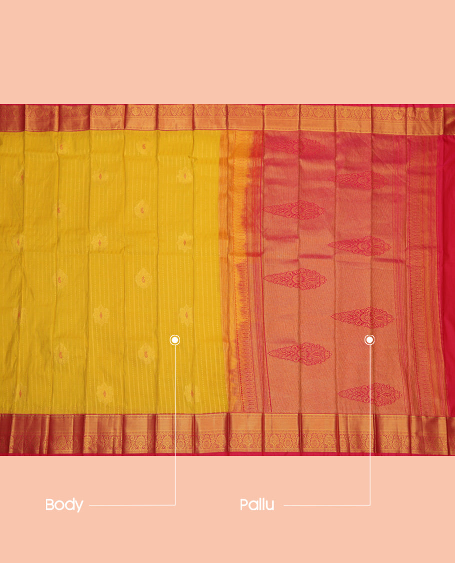 Yellow Budget Silk Saree, Graced with Zari Buttas and Stripes, a Contrast Traditional Zari Border, Grand Jaal Pallu, and a Contrast Blouse