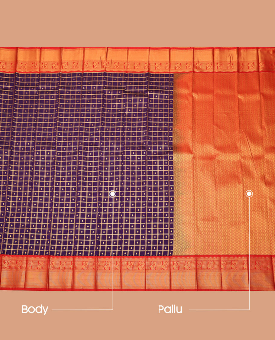 Purple Budget Silk Saree, Embellished with Zari Butta Enclosed Checked Design All Over Its Body, Complemented by a Contrast Traditional Zari Design Border, Grand Jaal Pallu, and Paired with a Contrast Blouse