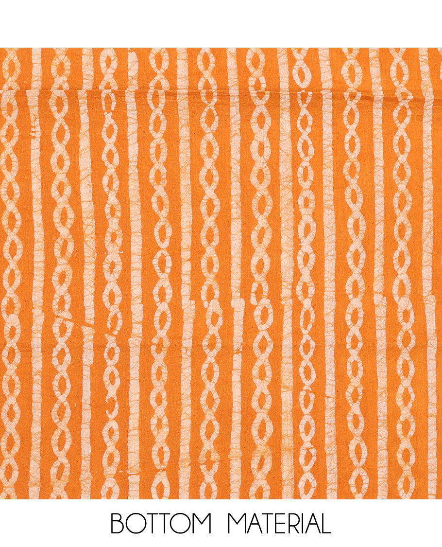 orange chudidhar material set geometric batik printed with embroidery top , batik printed bottom & geometric batik printed dupatta