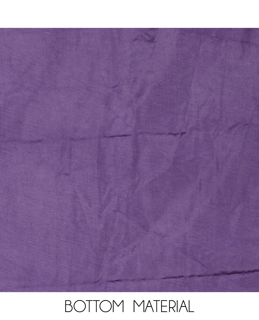 Violet Vichitra Silk Designer Material Chudidar Set, Uniquely Decorated with Floral Cross-Stiched Embroidered Top, A Subtly Plain Santoon Bottom, and Paired with a Georgette Abstract Printed Dupatta