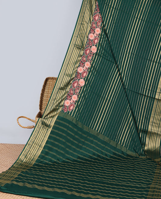 Green striped zari with floral embroidery mysore silk saree , contrast zari border & striped zari pallu