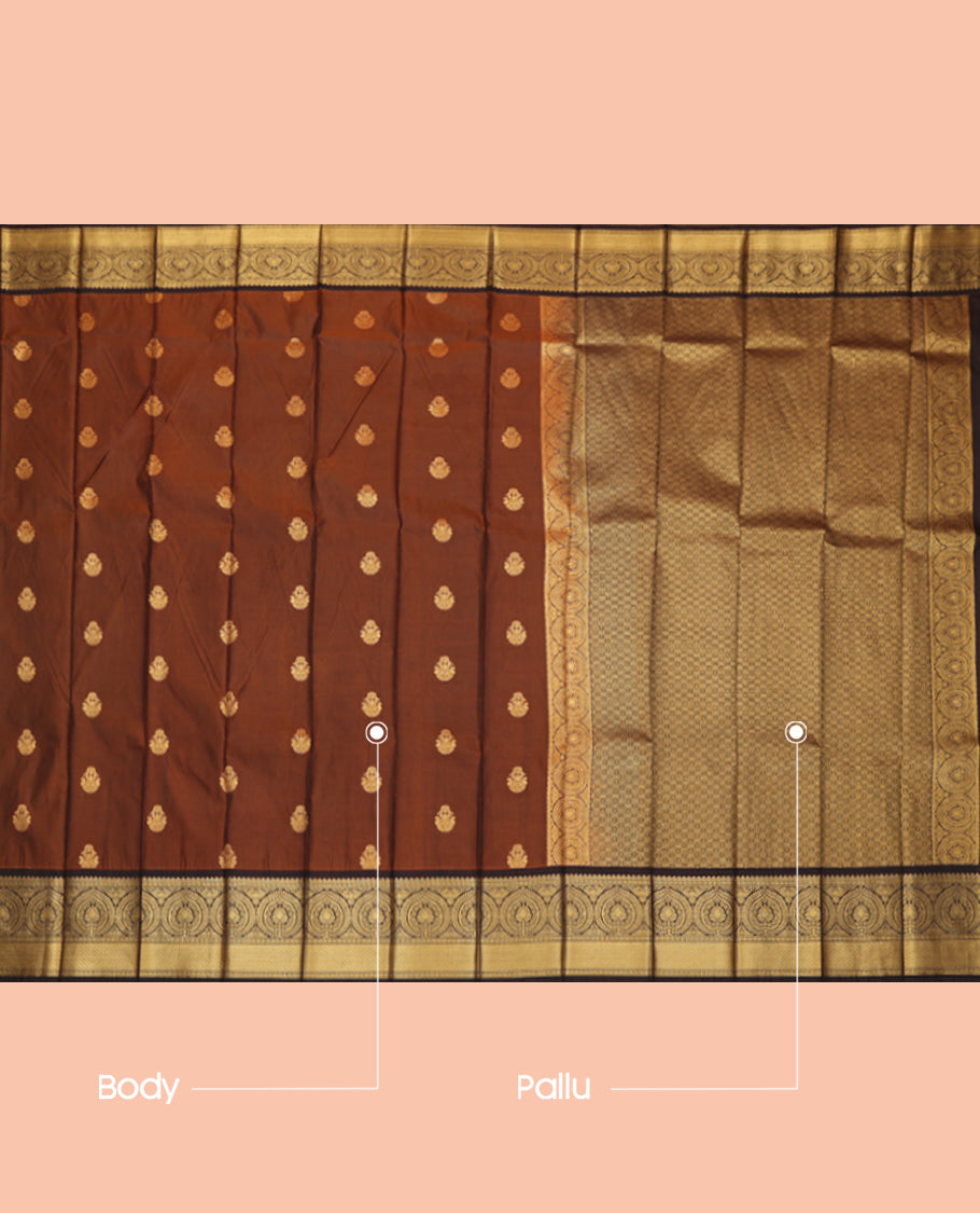 Brown Budget Silk Saree, Mesmerized with Zari Buttas, a Contrast Traditional Zari Border, a Grand Pallu and a Contrast Blouse
