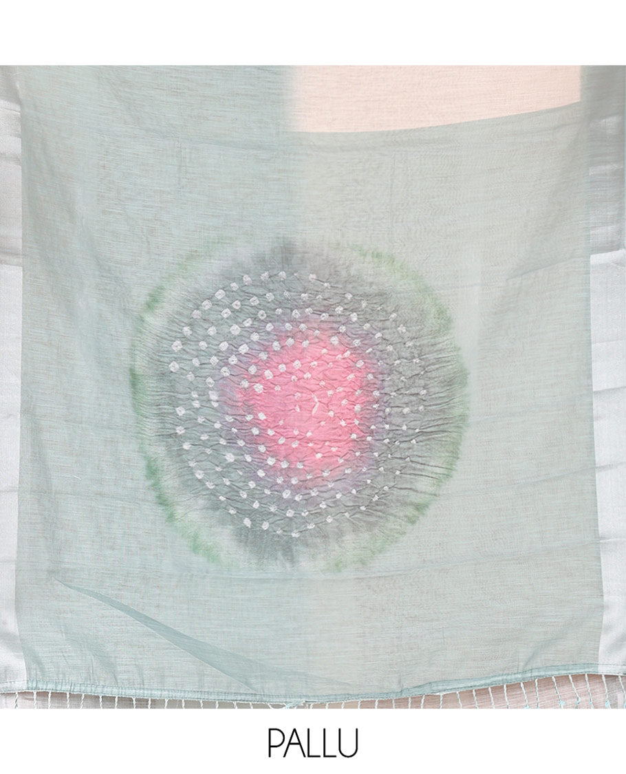 Pista Green Linen Cotton Saree, Adorned with Ombre-Style Double-Color Print, Highlighted by Contrast Zari Bavanji Border, Pallu Pictures Bandhani Design, and Paired with a Contrast Bandhani Blouse