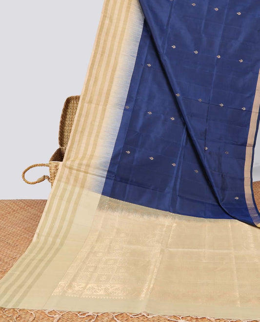 Blue floral buttas soft silk contrast striped border & checked design pallu