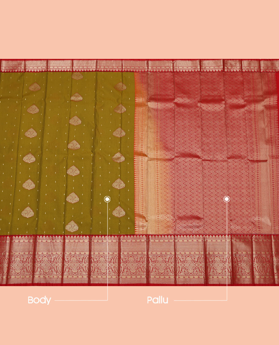 Green Budget Silk Saree, Prettified with Zari Buttas on Its Body, Complemented by a Contrast Traditional Zari Border, Grand Jaal Pallu, and Paired with a Contrast Blouse