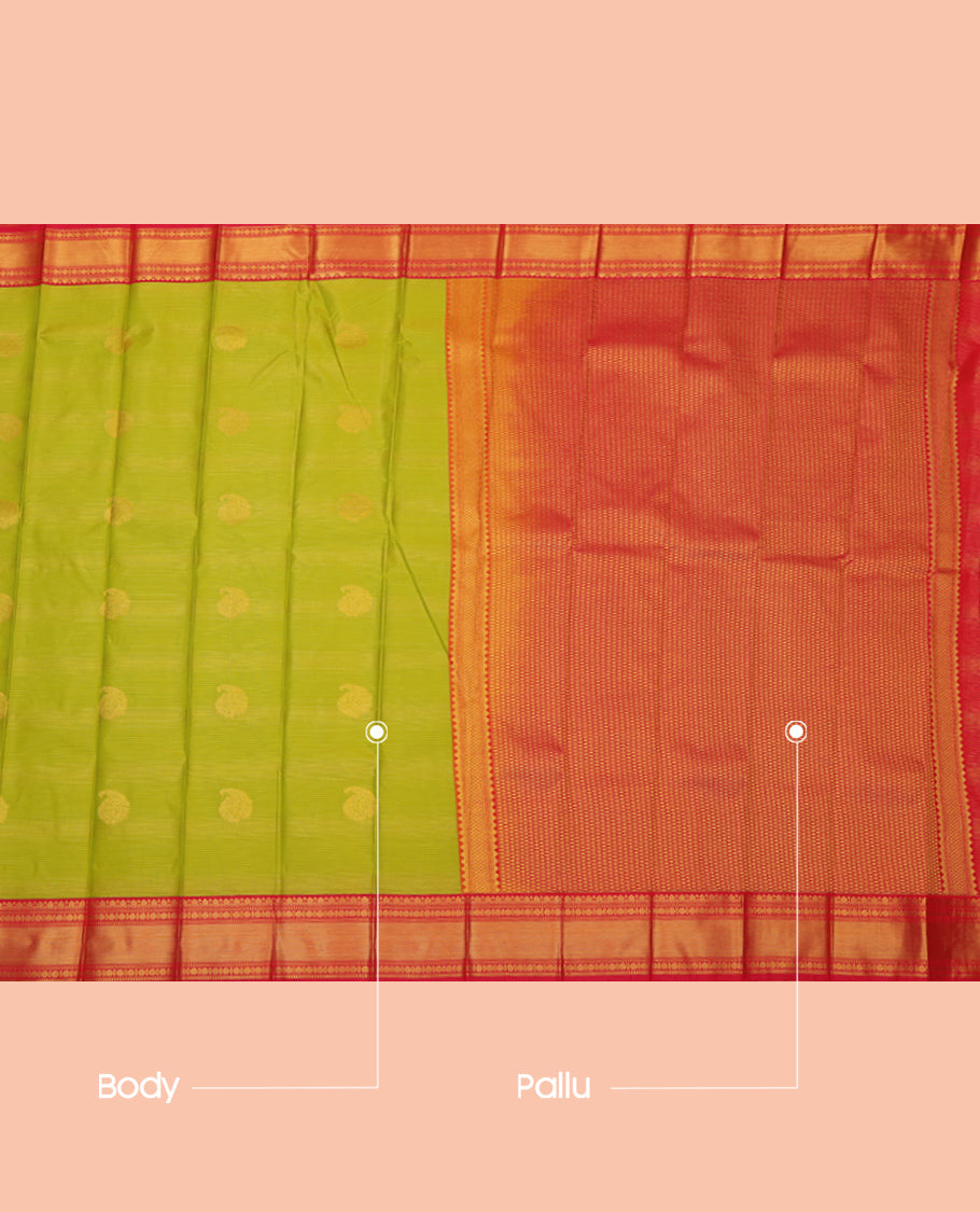 Green Budget Silk Saree, Sparsely Woven with Zari Buttas and Stripes, a Contrast Traditional Zari Border, Grand Pallu, and a Contrast Blouse