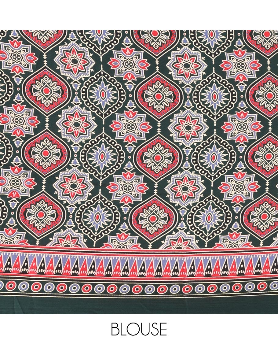 Green plain design modal satin saree, Ajrakh printed border, floral-Ajrakh printed pallu & Ajrakh printed blouse