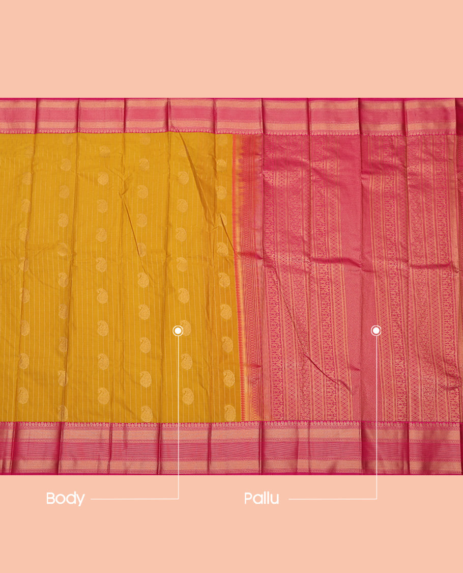 Mustard Budget Silk Saree, Accentuated with Paisley Buttas and Stripes All Over Its Body, Complemented by a Contrast Traditional Zari Border, Grand Pallu, and Paired with a Contrast Blouse