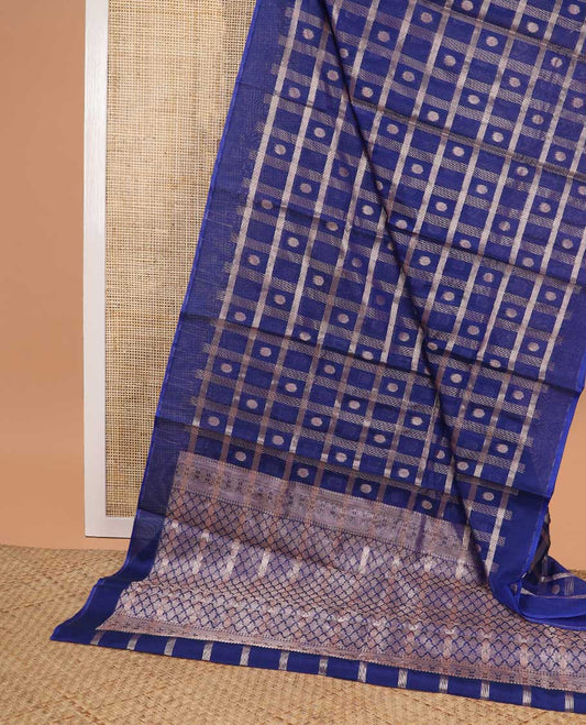 Blue checked, floral motifs silk cotton saree with self border & jaal design pallu