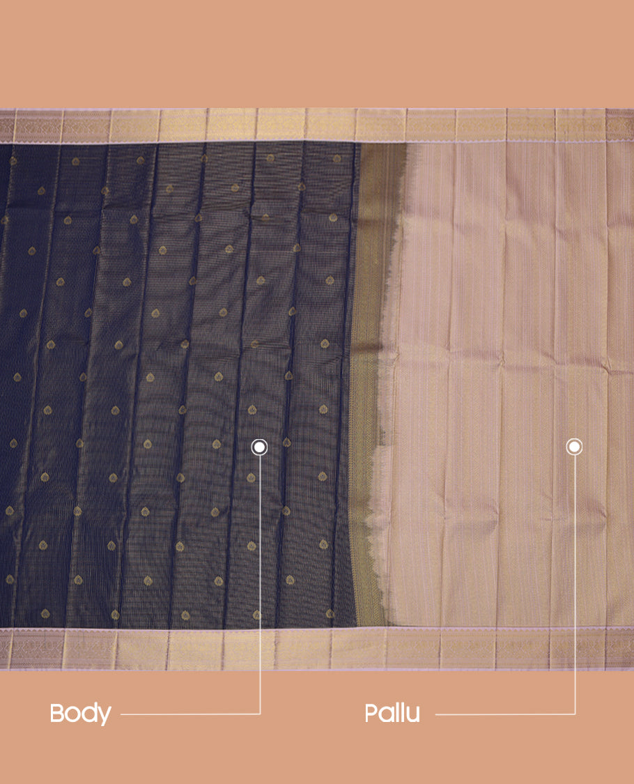 Blue Budget Silk Saree, Masterfully Woven with Zari Buttas and Checks, a Contrast Traditional Zari Border, Geometric Pallu, and a Contrast Blouse