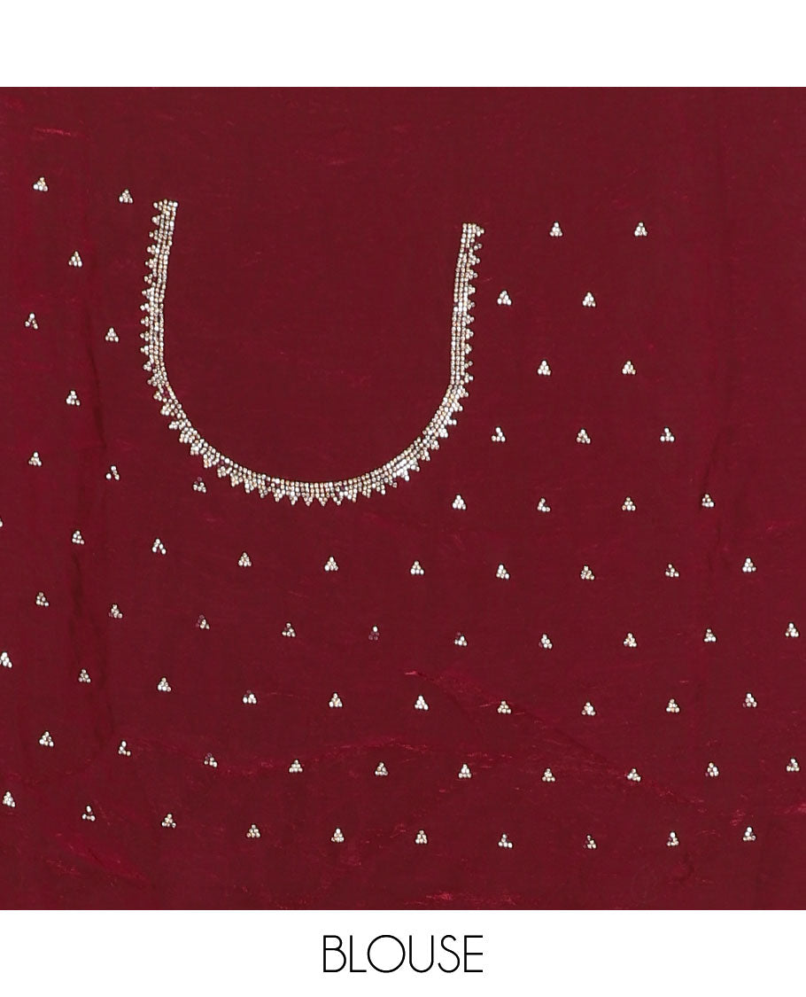 Red micro-stone work fendy chiffon saree with paisley stone work on its shoulder, a scallop stone work border, a butterfly style pallu, and a matching stone work blouse