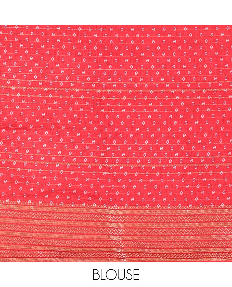 Red horizontal zari striped and triple-leaf printed Assam cotton saree, chevron stripes zari border, printed pallu, and a matching blouse of zari and print work