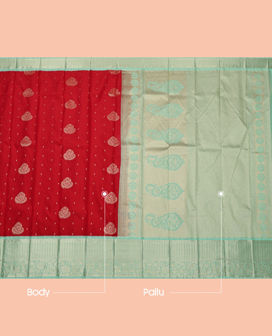 Red Budget Silk Saree, Woven with Zari Buttas, Complemented by a Contrast Traditional Zari Border, Pallu of Jaal and Paisley Designs, and a Contrast Blouse