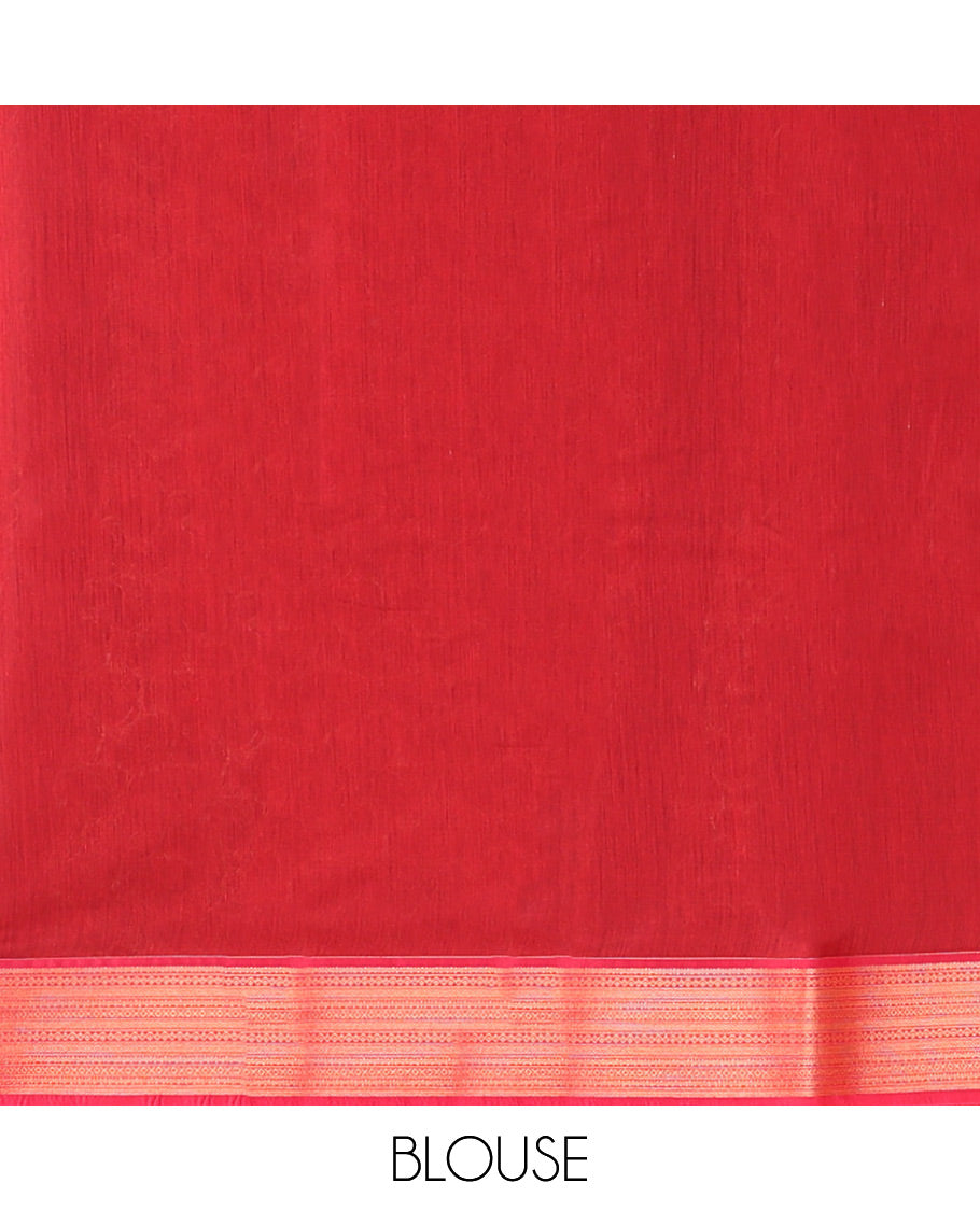 Red Semi-Silk Cotton Saree, Zari-Gleamed Up with Buttas All Over Its Body, Highlighted by a Traditional Zari Border, Pallu of Paisley Designs, and Paired with a Matching Blouse