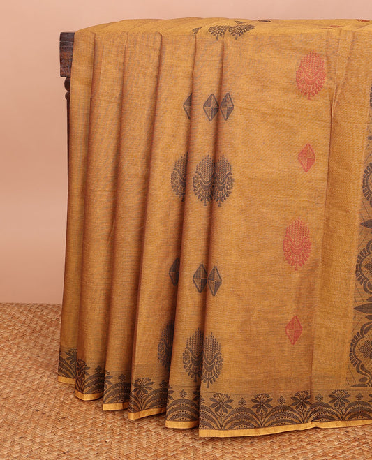 Mustard buttas Combatiore cotton saree, self-scallop border & pallu of paisleys