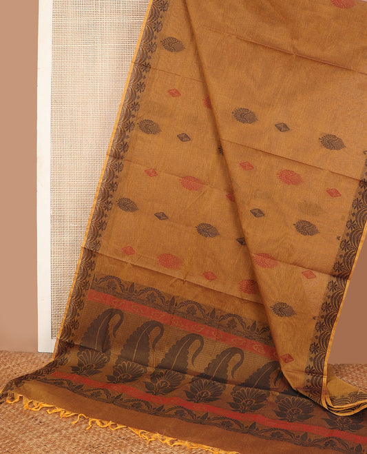 Mustard buttas Combatiore cotton saree, self-scallop border & pallu of paisleys