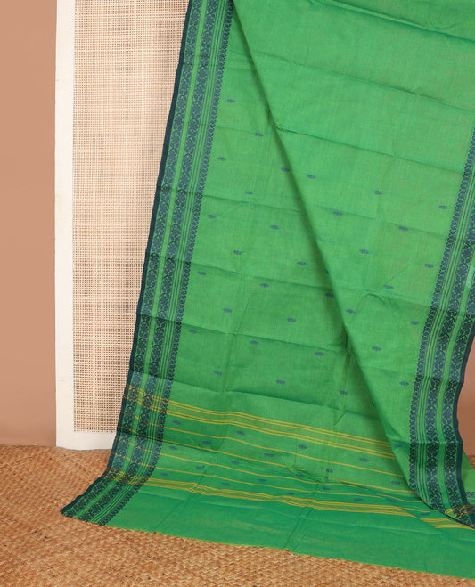 Green thread buttas Chettinad cotton saree, thread-woven border of paisleys & floral designs, & pallu of buttas & stripes