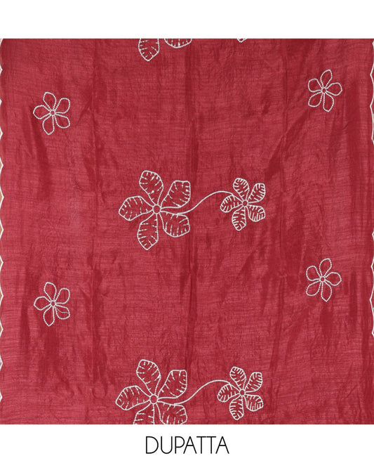 Maroon Material Chudidar Set, Delicately Woven with Floral Thread Embroidered Mul Chanderi Top, a Mul Chanderi Bottom, Paired with Floral Thread-Embroidered Mul Chanderi Dupatta