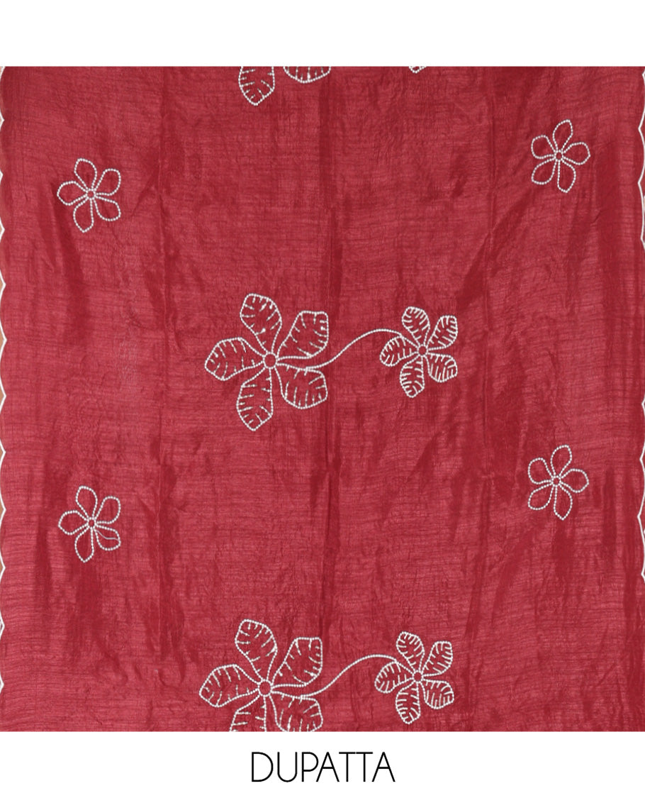Maroon Material Chudidar Set, Delicately Woven with Floral Thread Embroidered Mul Chanderi Top, a Mul Chanderi Bottom, Paired with Floral Thread-Embroidered Mul Chanderi Dupatta