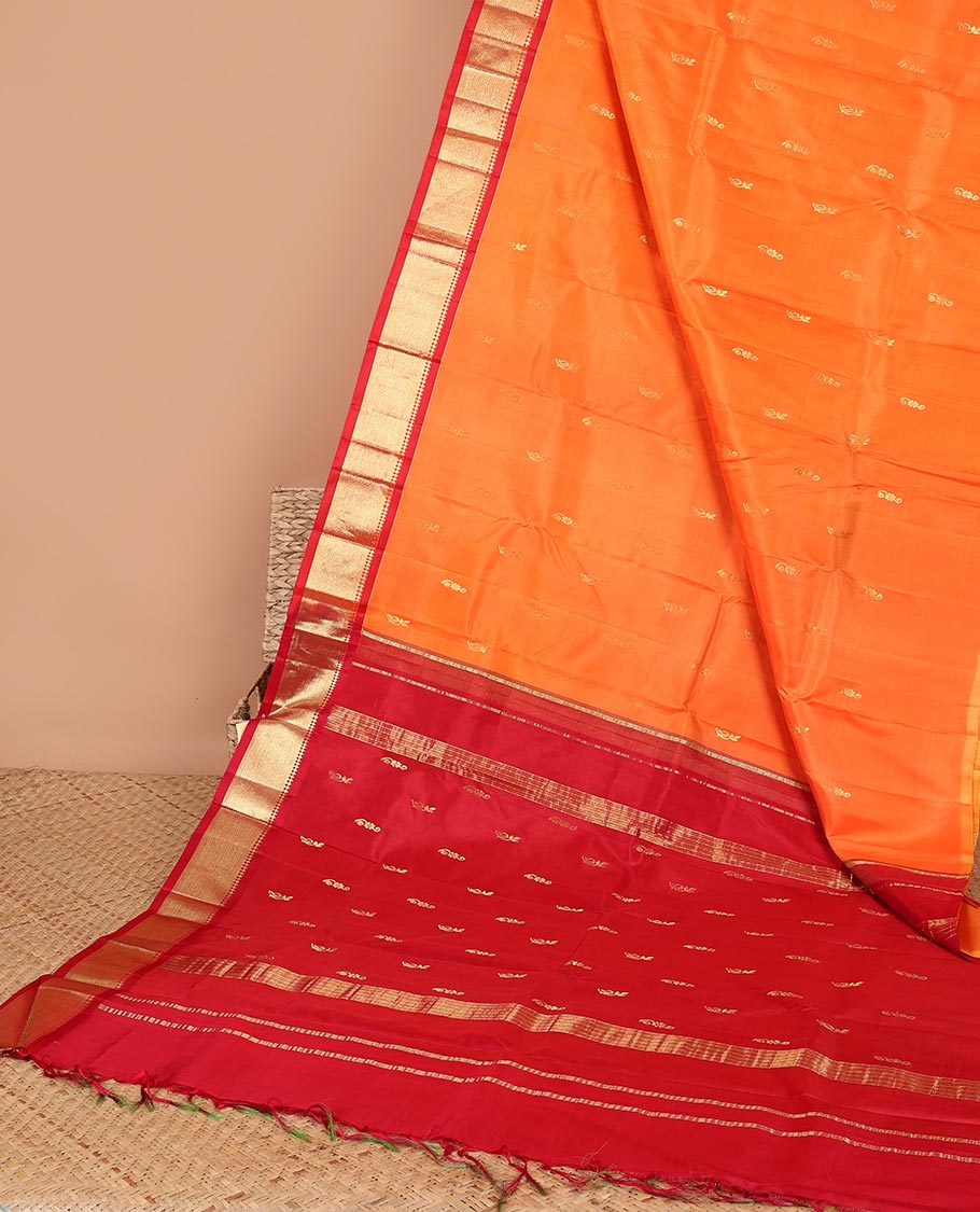 Orange  floral buttas kancheepuram silk saree with contrast border of sombu,banaras, jaal design & zari design pallu