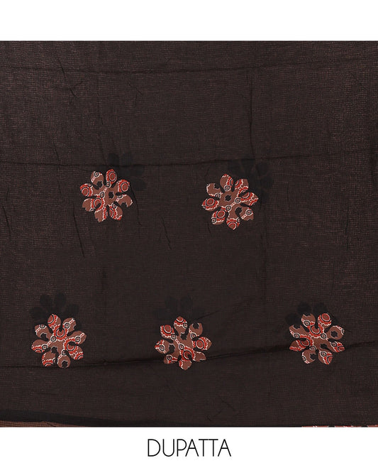 Brown material chudidar set,ajrakh print & neck hakoba embroidery soft cotton top,plain cotton bottom & contrast ajrakh patchwork kota dupatta