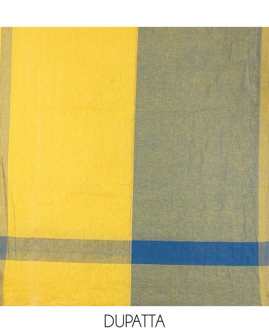 Peacock Blue Handloom Cotton Material Chudidar, Buttas Woven Top, a Plain Bottom, and Contrast Dupatta