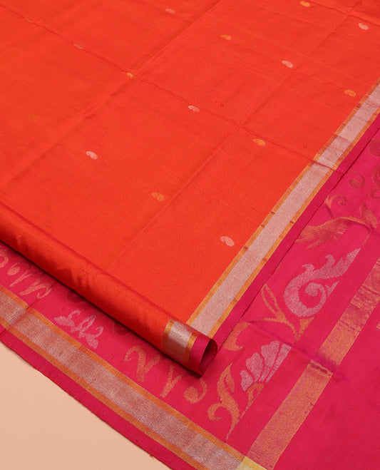 Orange Uppada Silk Saree, Decked Up with Paisley Buttas All Over Its Body, Complemented by Contrast Zari Bavanji Border, Pallu of Floral Designs, and Paired with a Contrast Blouse