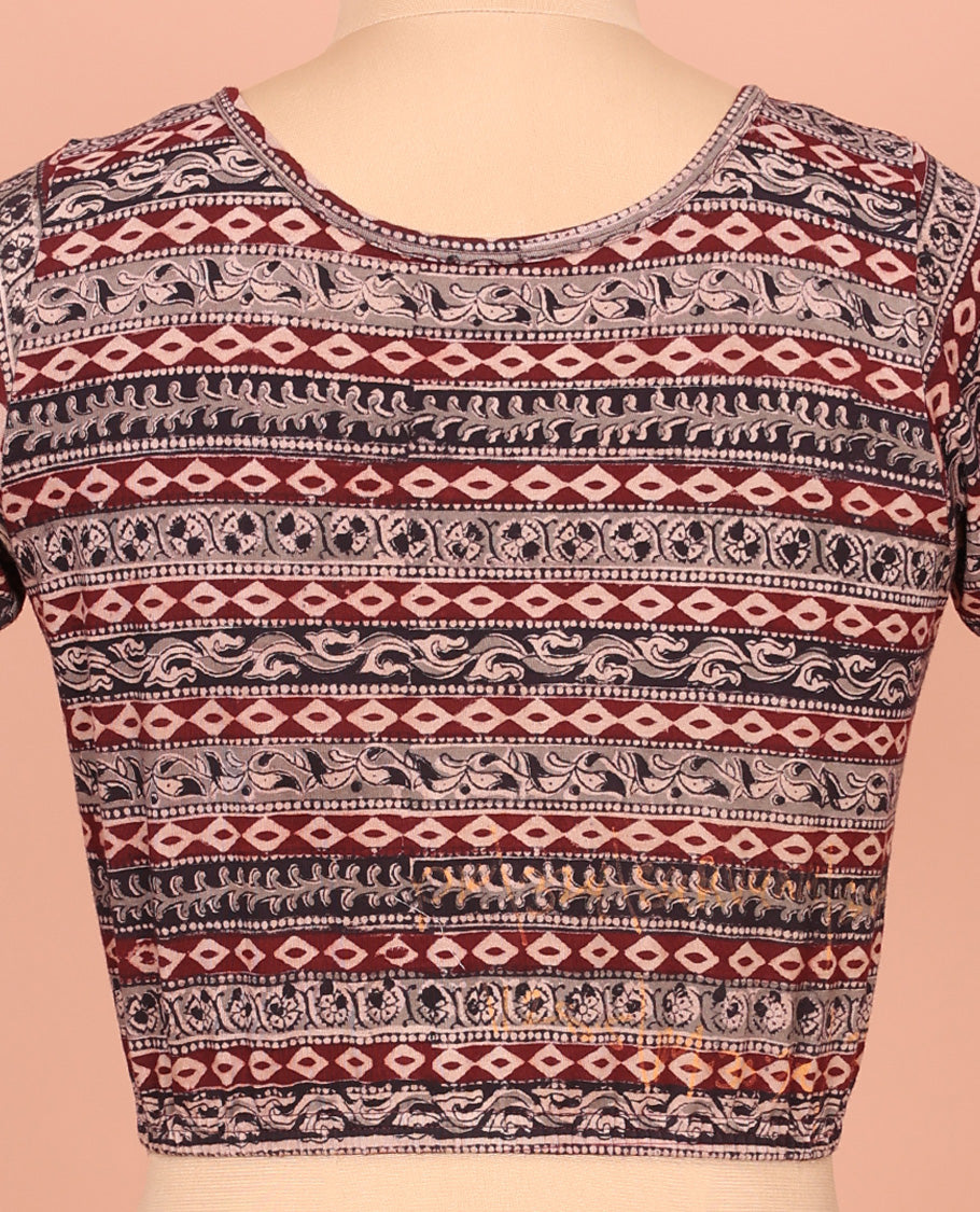 Black and Maroon Cotton Readymade Blouse Detailed with All-Over Geometric Motifs Print, Front Round Neck, Back Round Neck, and Elbow Sleeves
